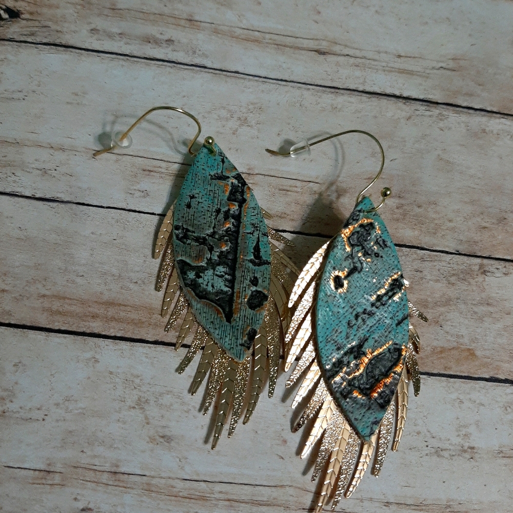 Leather Feather Drop Statement Earrings - image 1